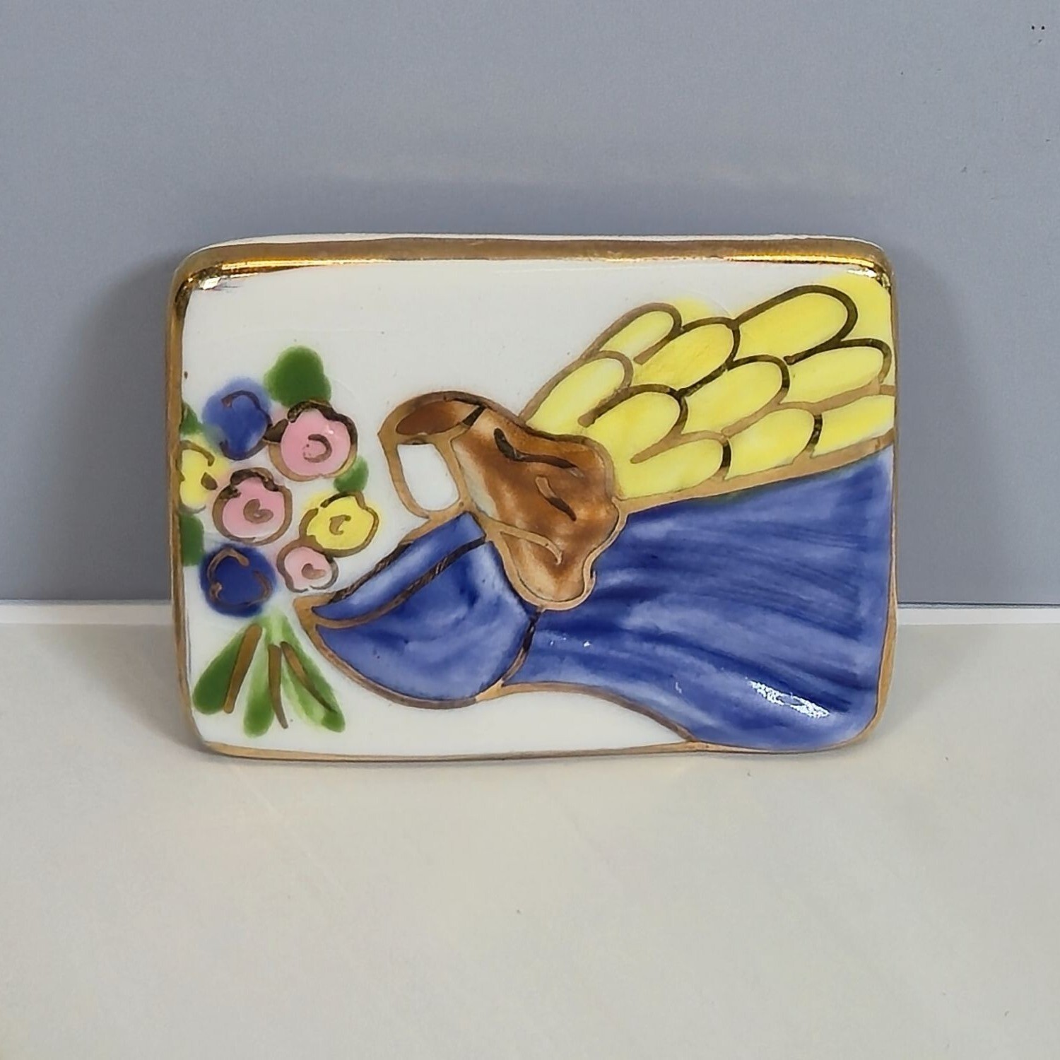 Ceramic Brooch Angel Hand-painted Watercolor Gold Gild Floral Vintage Jewelry…