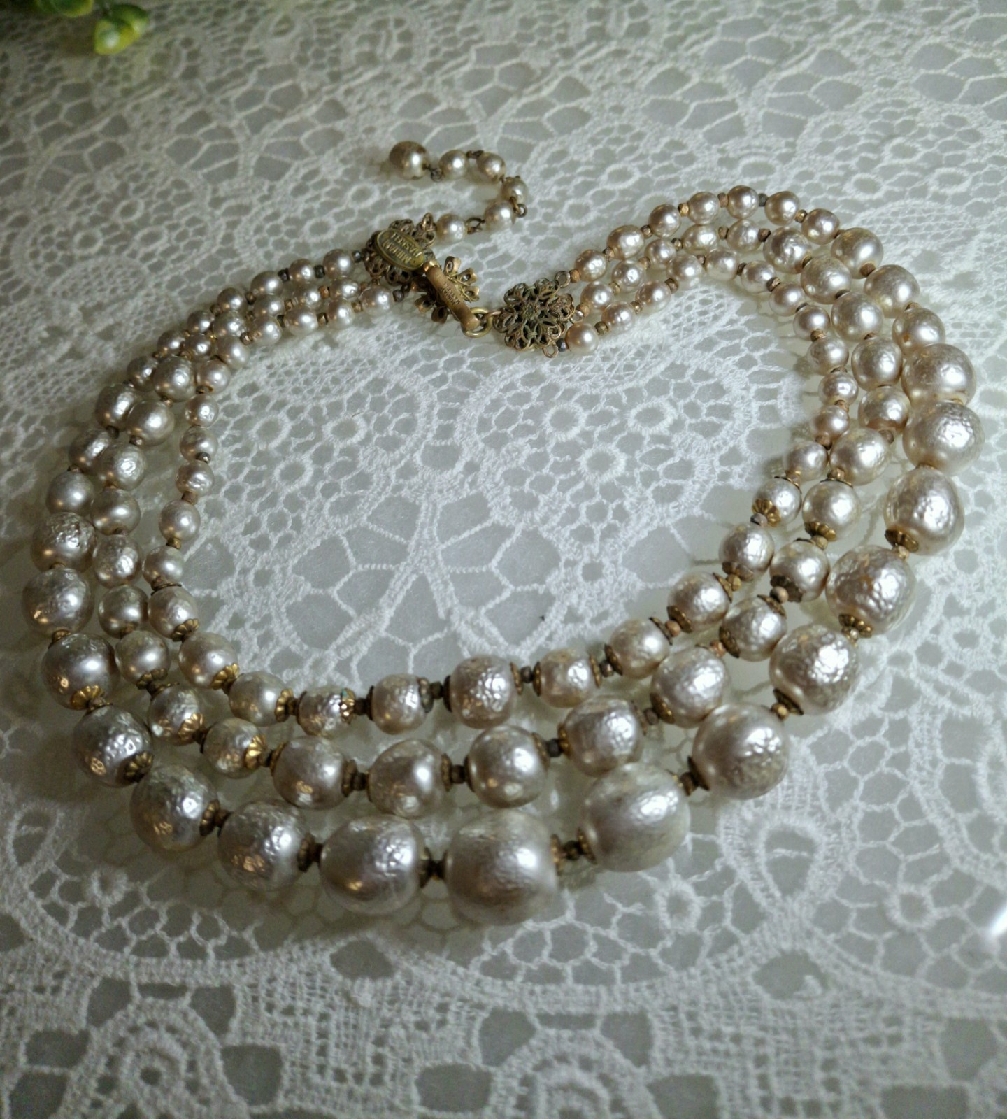 Early Signed Miriam Haskell 3 Strand Silver Niki Baroque Pearl Necklace