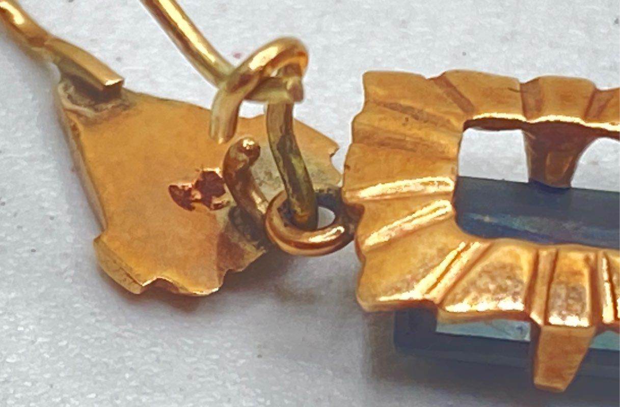 10K Yellow Gold Faceted Hematite Drop Earrings Vintage Style 1″ 3.4g