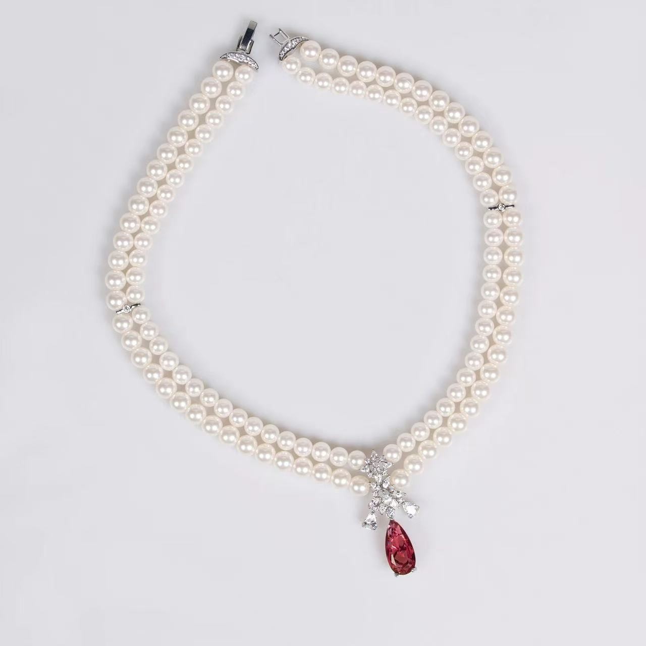Vintage Pearl Necklace Earrings Set Red Teardrop Crystal Bridal Jewelry