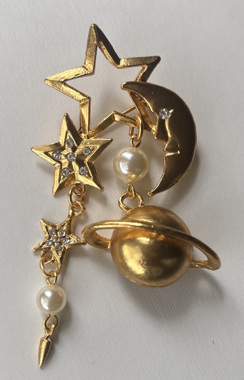 VTG Crescent Moon Stars & Saturn Brooch / Gold Tone Metal W/ Faux Pearls 3”