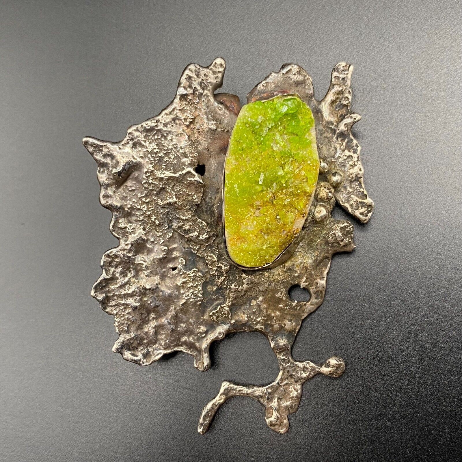 Vintage Brutalist Abstract Green Druzy Stone Silver Pendant