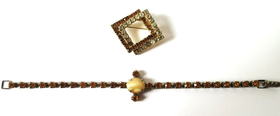 Vintage Amber & Clear Rhinestone Pin And Amber Bracelet