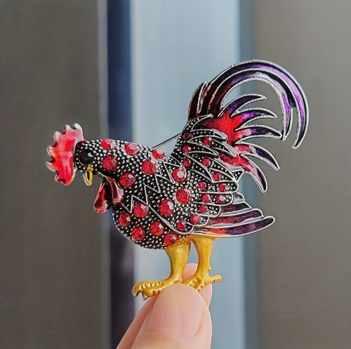BROOCH-Vintage-Inspired Rooster Brooch, Glass Inlay, Silvery-Plated