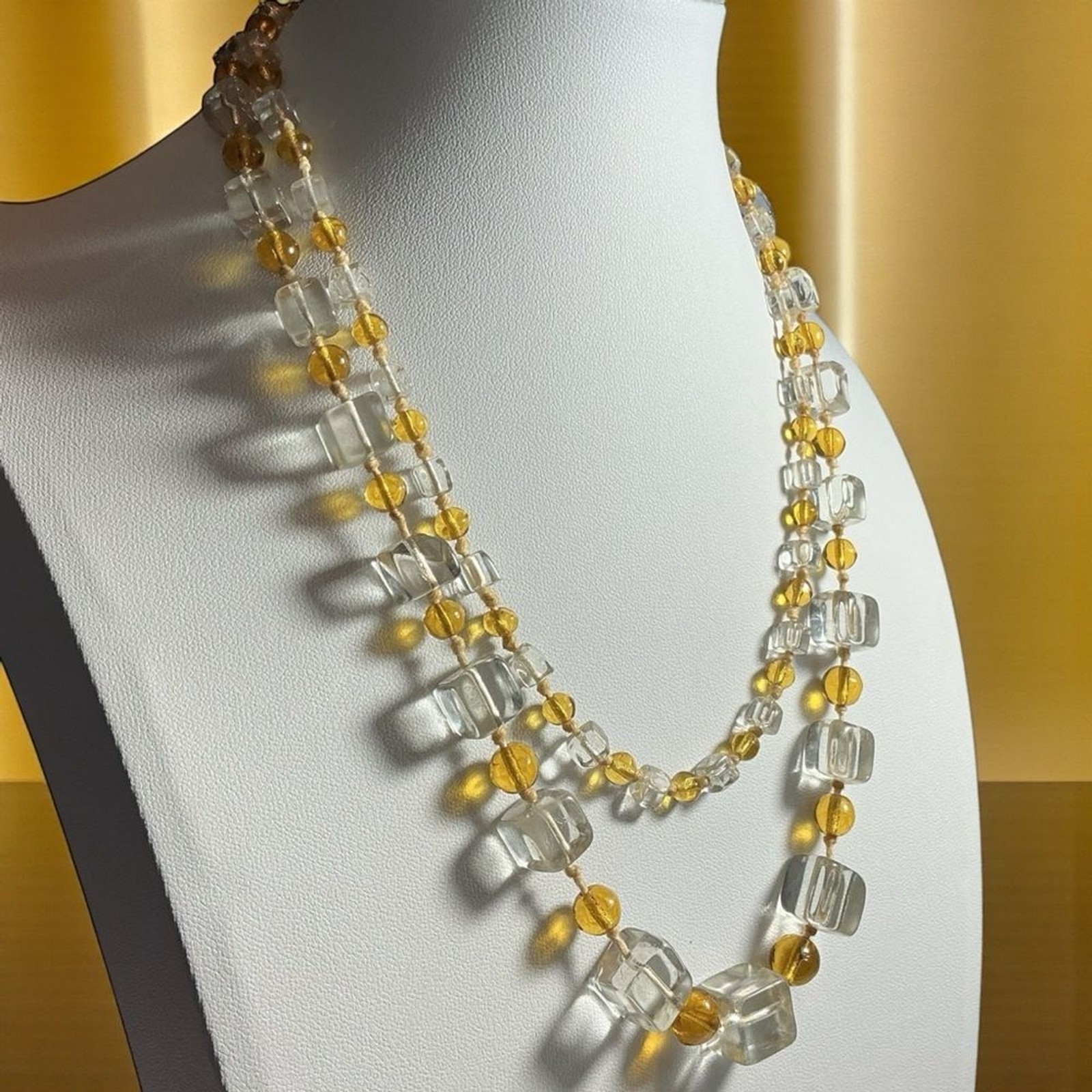 Vintage Czech Glass Necklace Yellow Graduated Cube & Clear Round Bead 36”