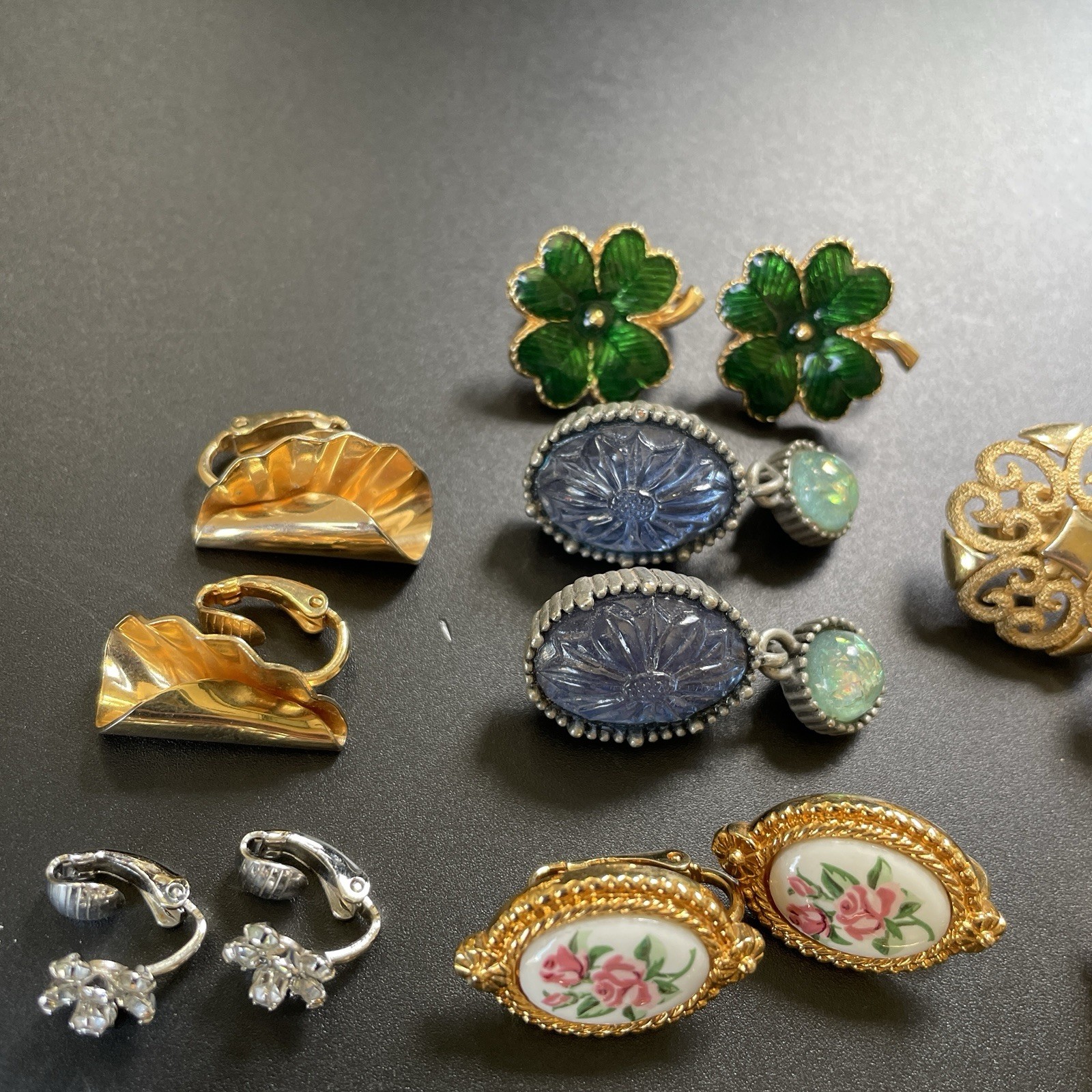 AVON Clip On Earring 10 Pair Lot All Signed Gold and Silver Tone Heart Clover