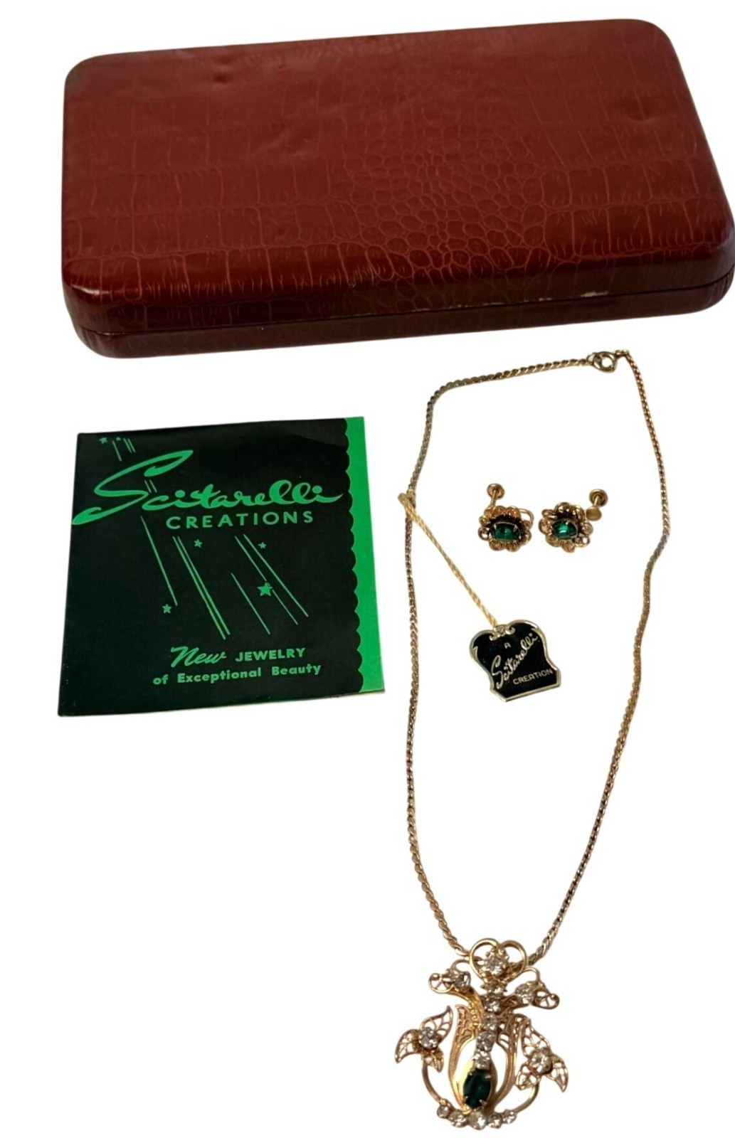 Vintage Gold Electroplate Scitarelli Creations Necklace Earrings Set w Tag & Box