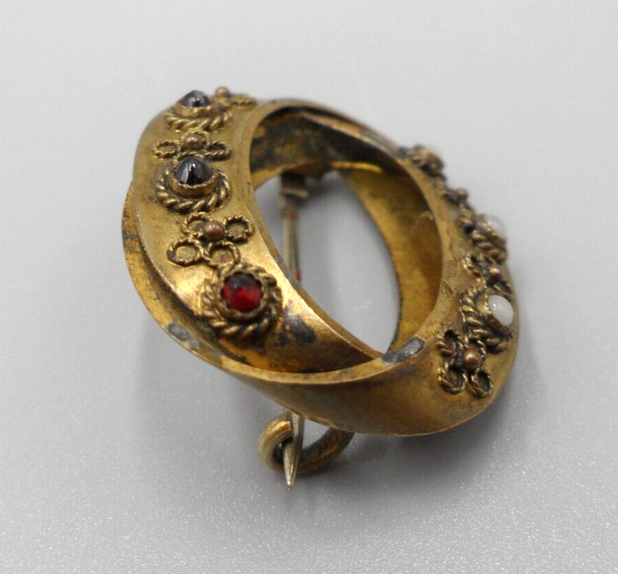 Antique Victorian Brooch Intertwined Ovals Rose Cut Red White Bezel Set Stones