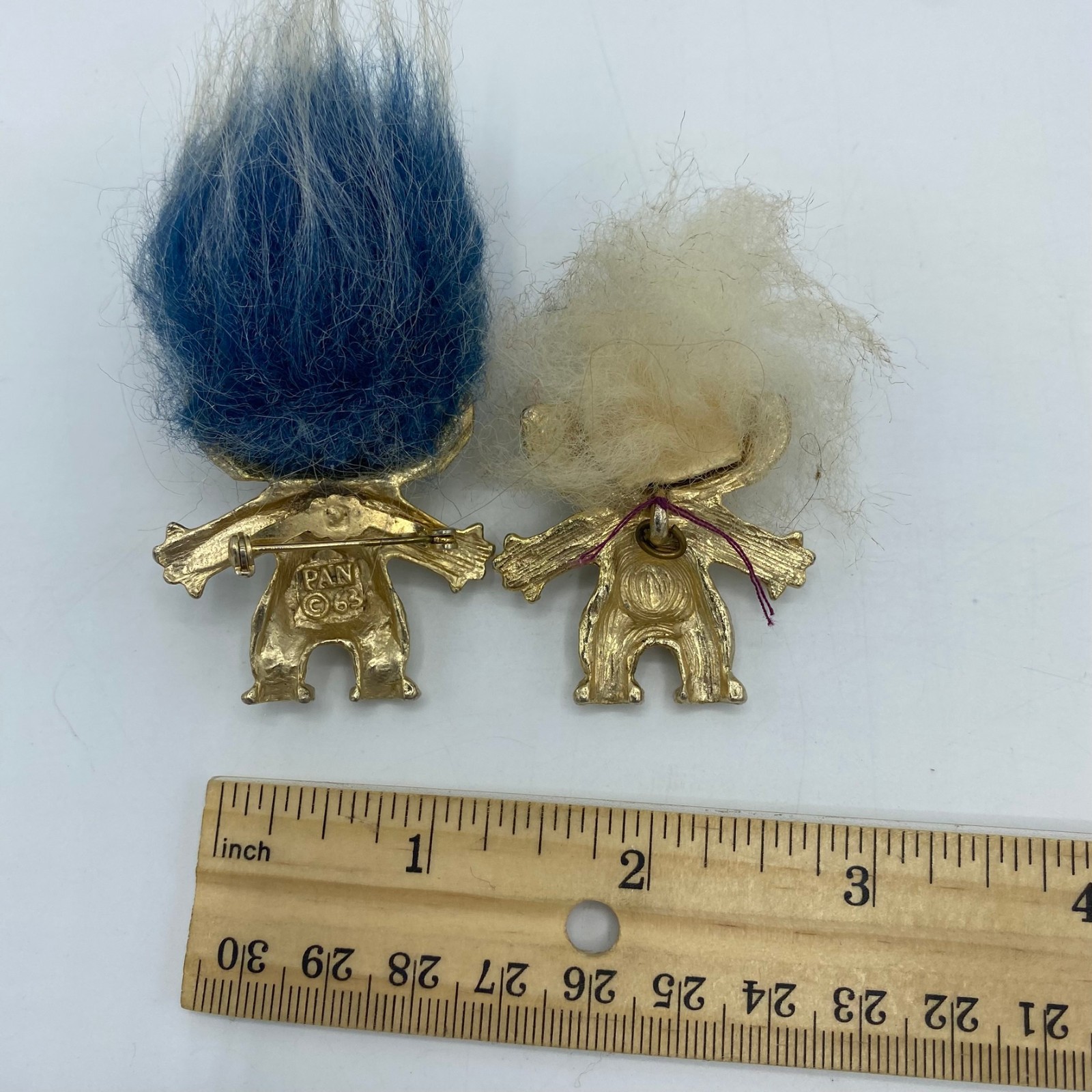Vintage PAN ©1963 Troll Doll Brooch Pin Lot 2 Googly Eyes Blue & White Hair