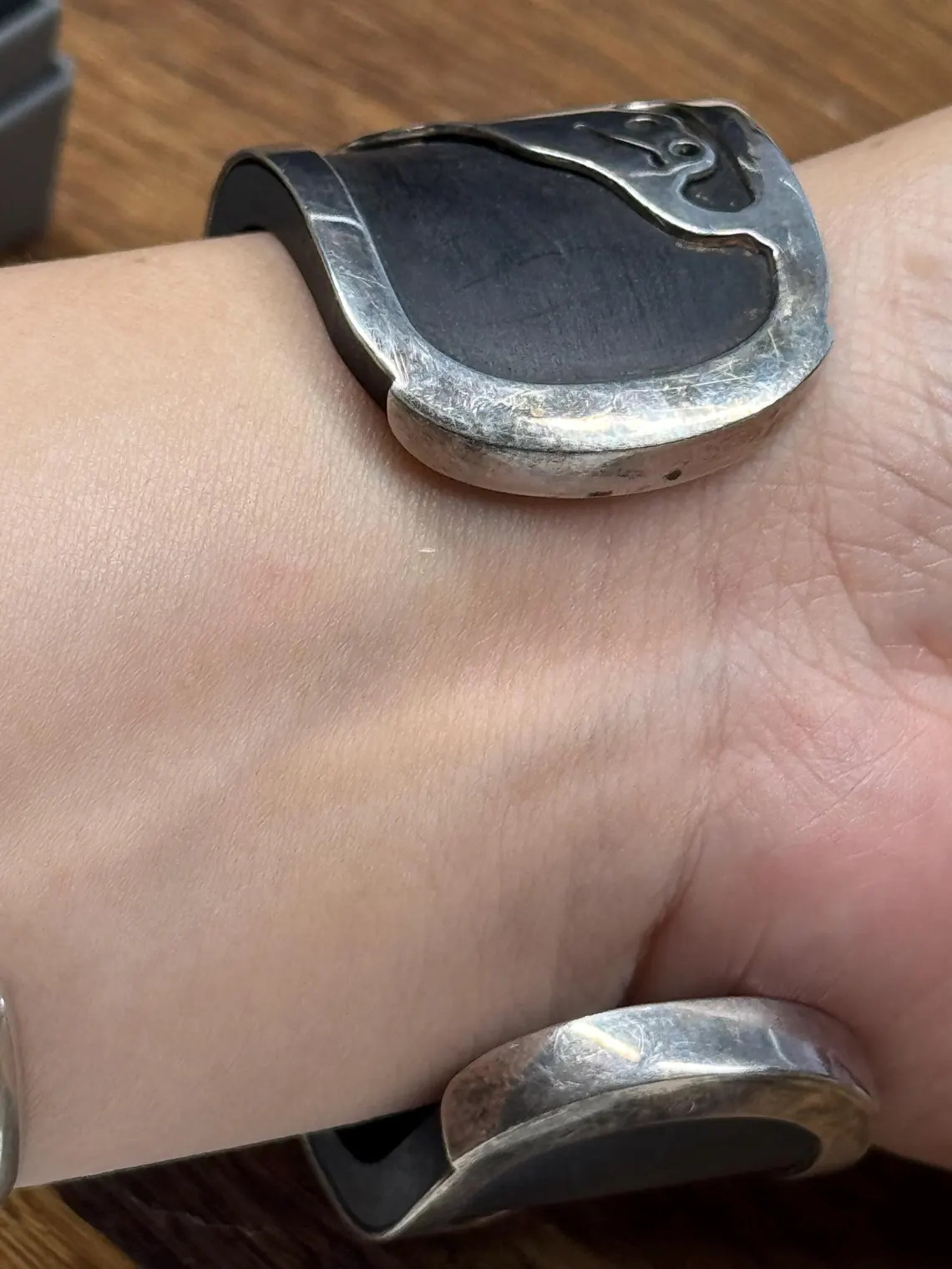 vintage cuff bracelet bangle sterling silver Ebony wood
