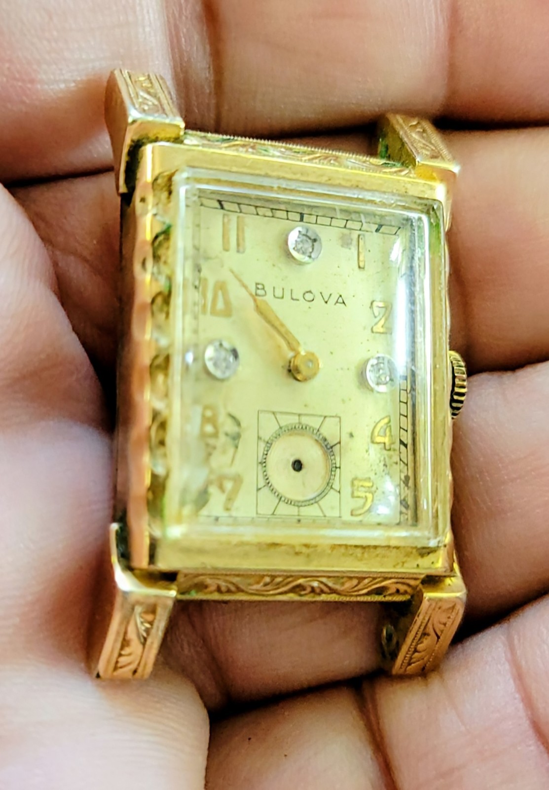 Vintage Bulova 10K Rolled Gold Plate Wristwatch With 3 Diamond Dial c1948