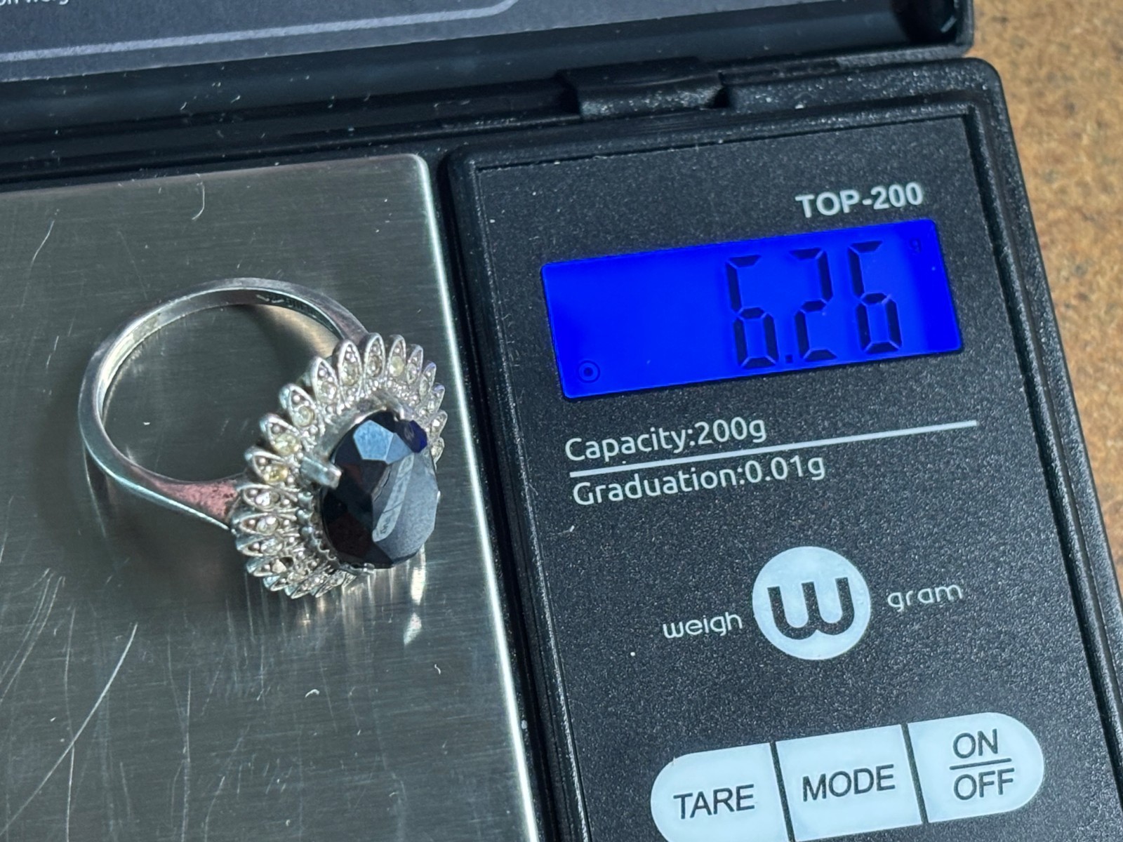 Vtg CLARK & COOMBS 925 sterling silver HEMATITE & Rhinestone COCKTAIL RING sz 8