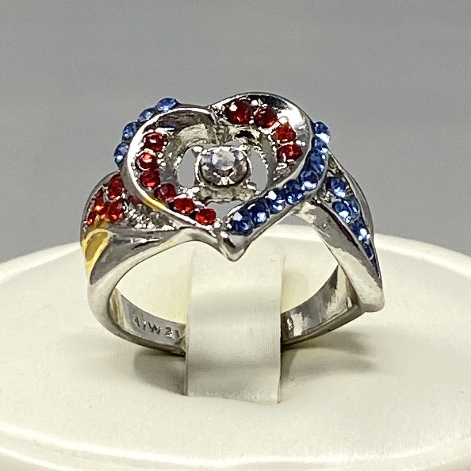 Heart Cocktail Ring Red White Blue Crystals Silver Tone Always With You Engraved