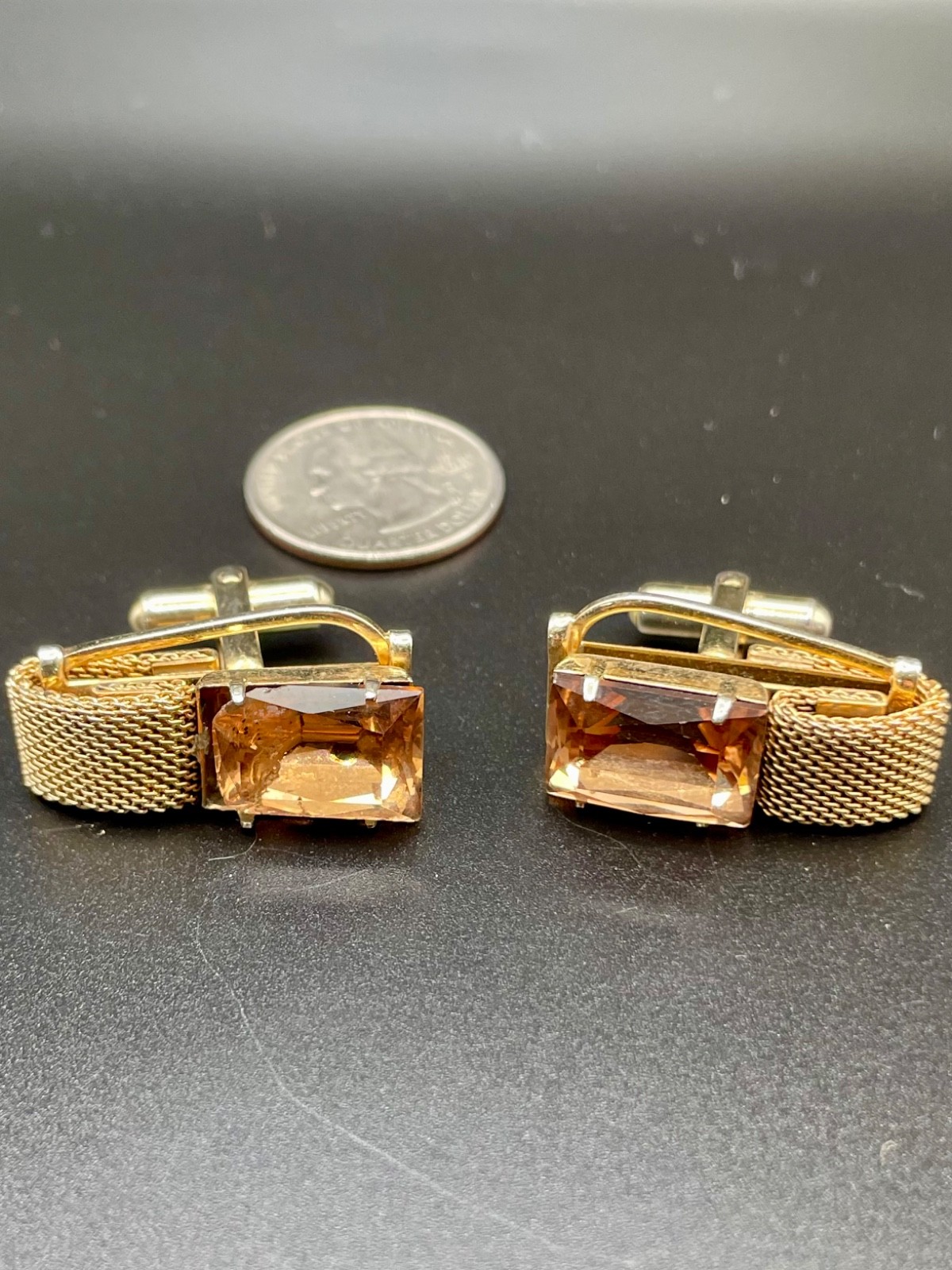 Vintage Gold Tone Faux Wrap Mesh Cufflinks Topaz Amber Glass Rhinestone