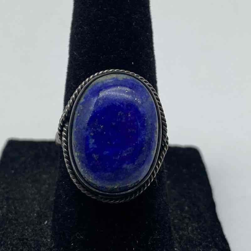 Sterling Silver 925 Oval Lapis Lazuli Cabochon Ring Rope Bezel Vintage Size 5.5