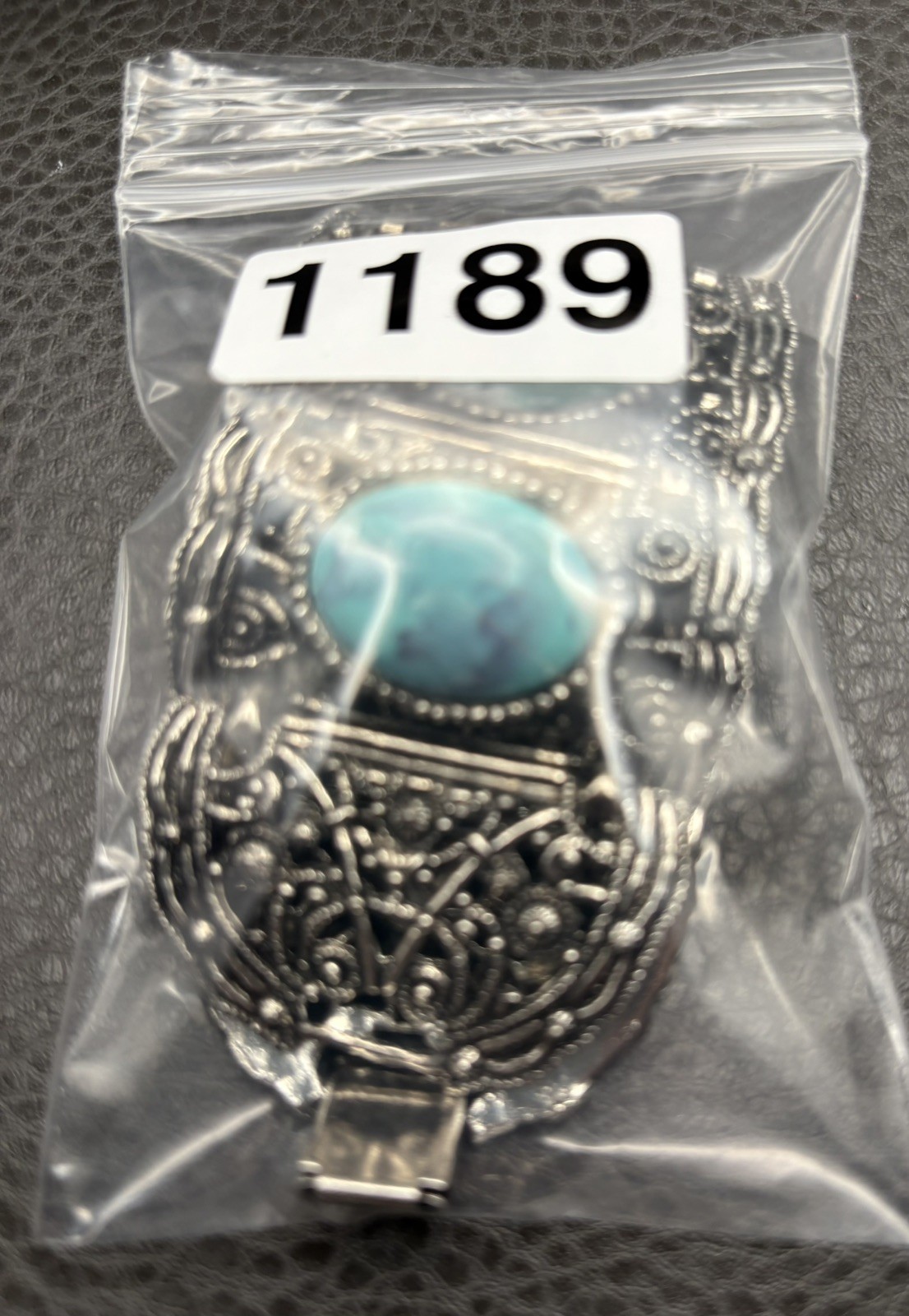 VTG Wide Chunky Panel Bracelet Faux Turquoise Boho Silver Tone Filigree