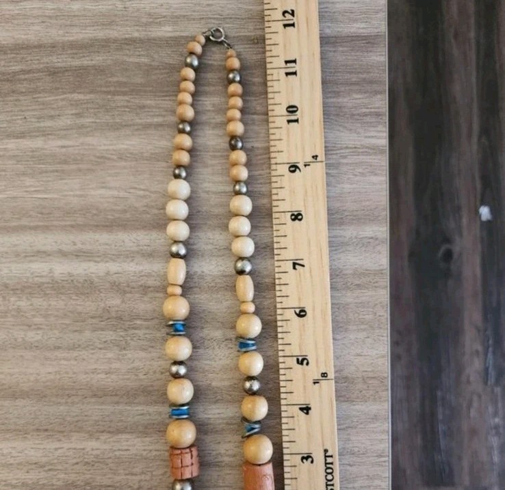 Wooden Turquoise Beaded Necklace 18 In Statement Bohemian African Disk Vintage