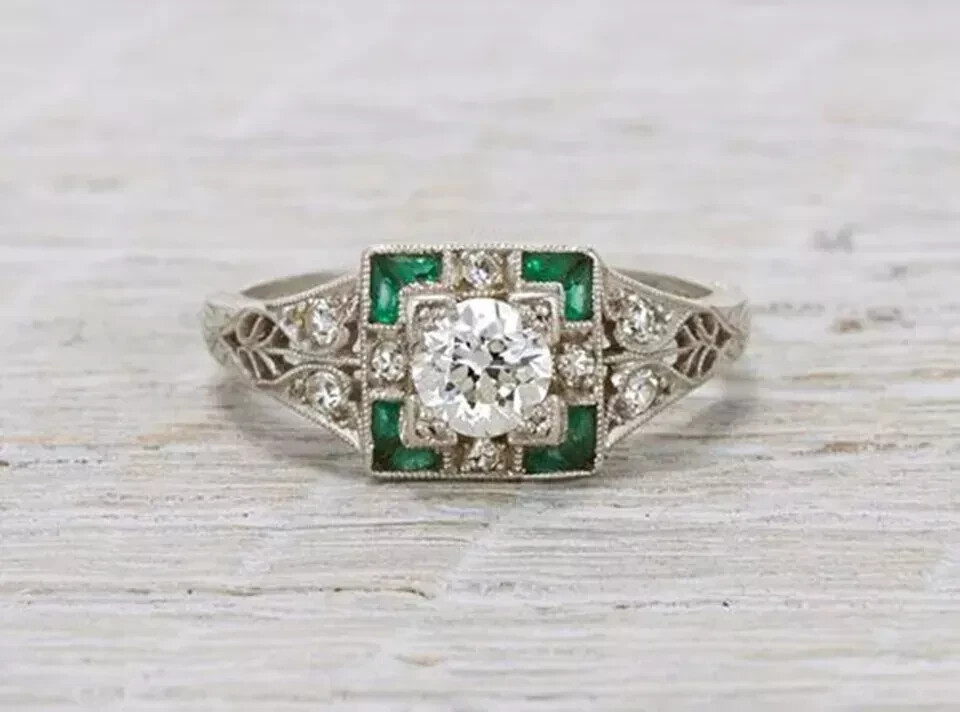 2Ct Art Deco Vintage Style Lab Created Diamond & Emerald 14K White Gold FN Ring