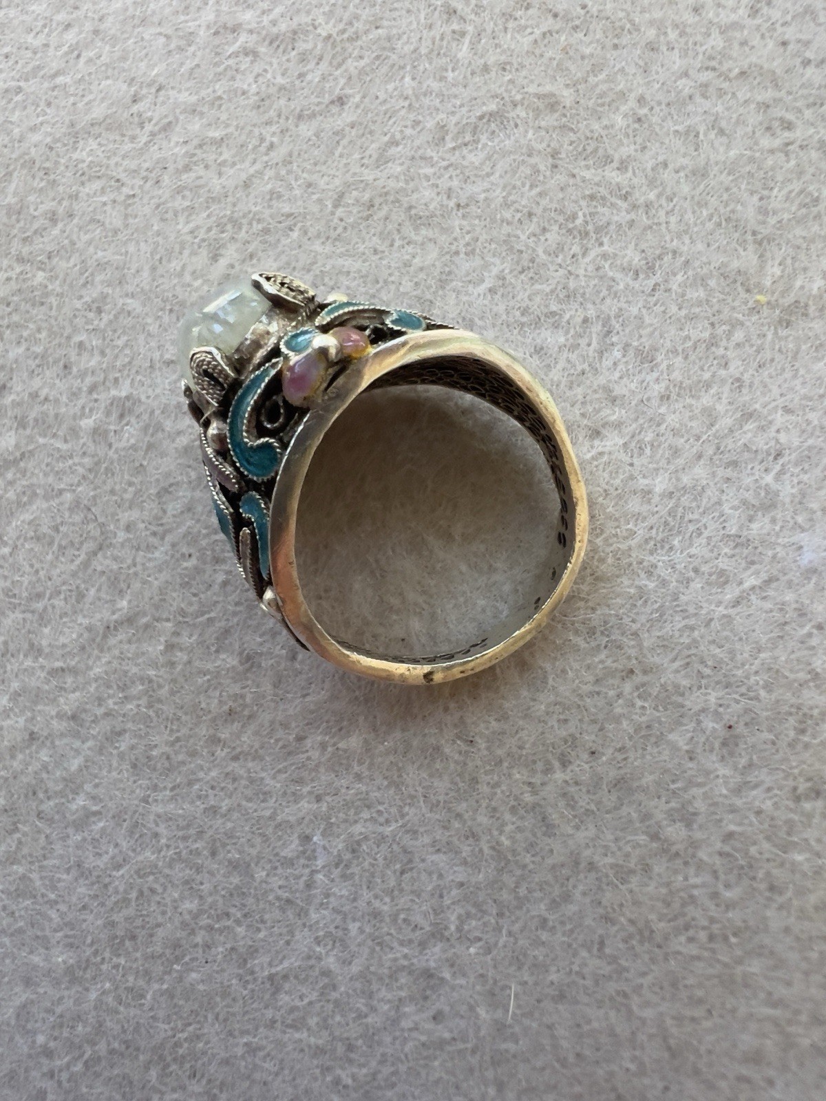 Vintage Chinese Export Sterling Silver Enamel Moonstone Ring Size 8 Marked S925