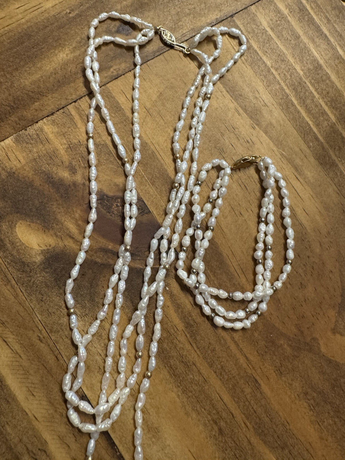 Vintage 3 Strand 14k Gold Freshwater Seed Pearl Gold Bead Necklace Bracelet Set
