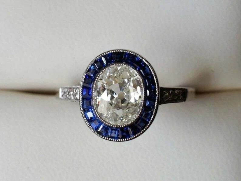 Art Deco Old Mine Lab-Created Diamond Halo Engagement 14K White Gold Finish Ring
