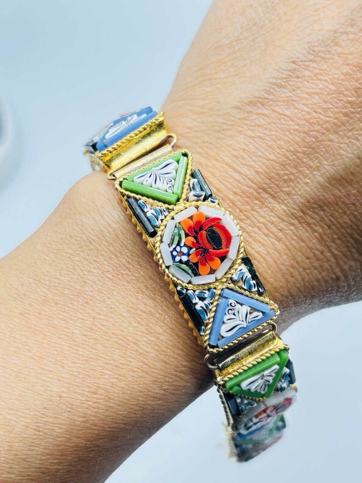 Vtg ITALIAN Mosaic Flower Red Green Yellow Gold Tone Bracelet