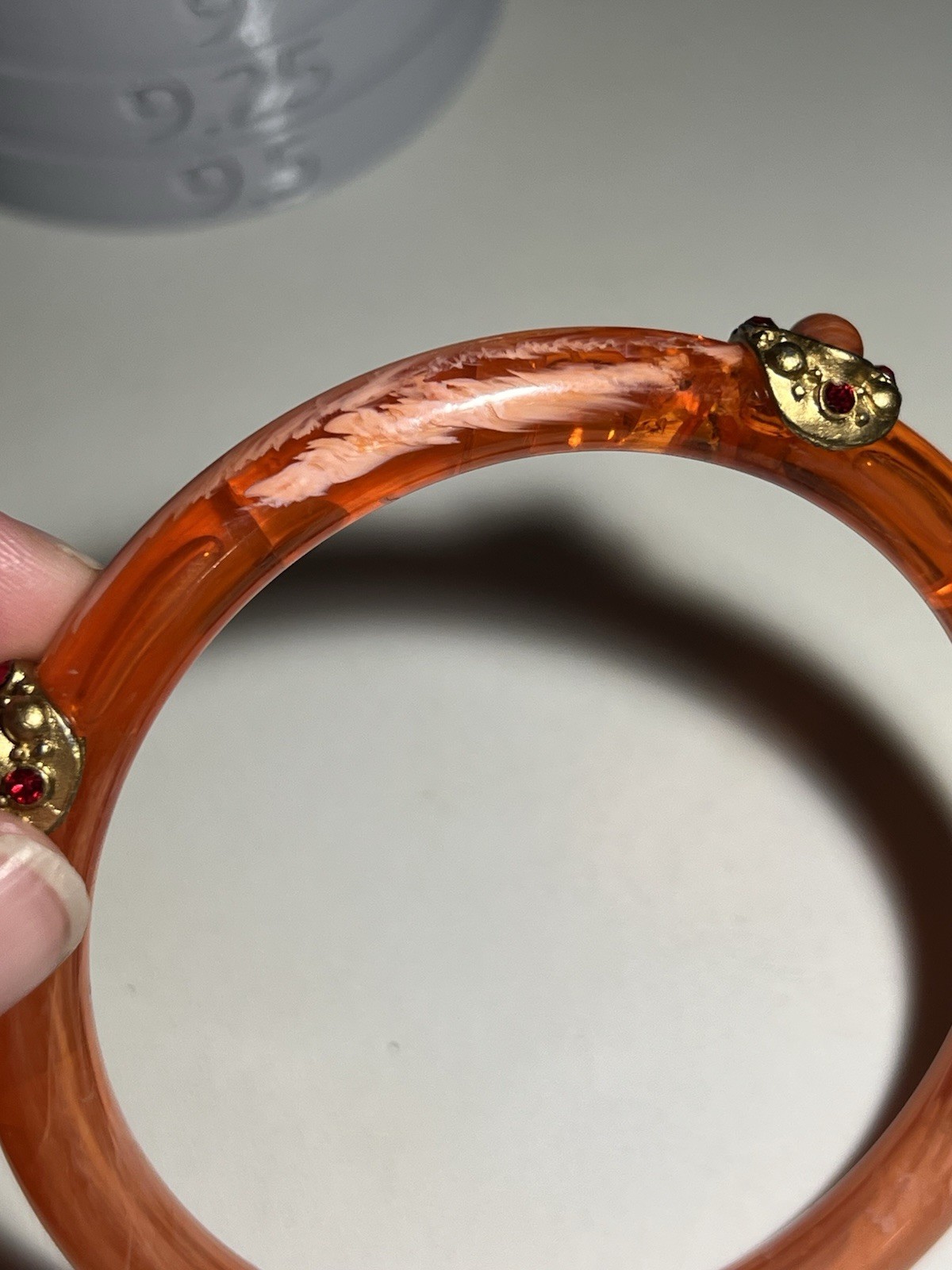 Vintage Lucite Plastic Orange Swirled Jeweled Bangle Bracelet 8.25”