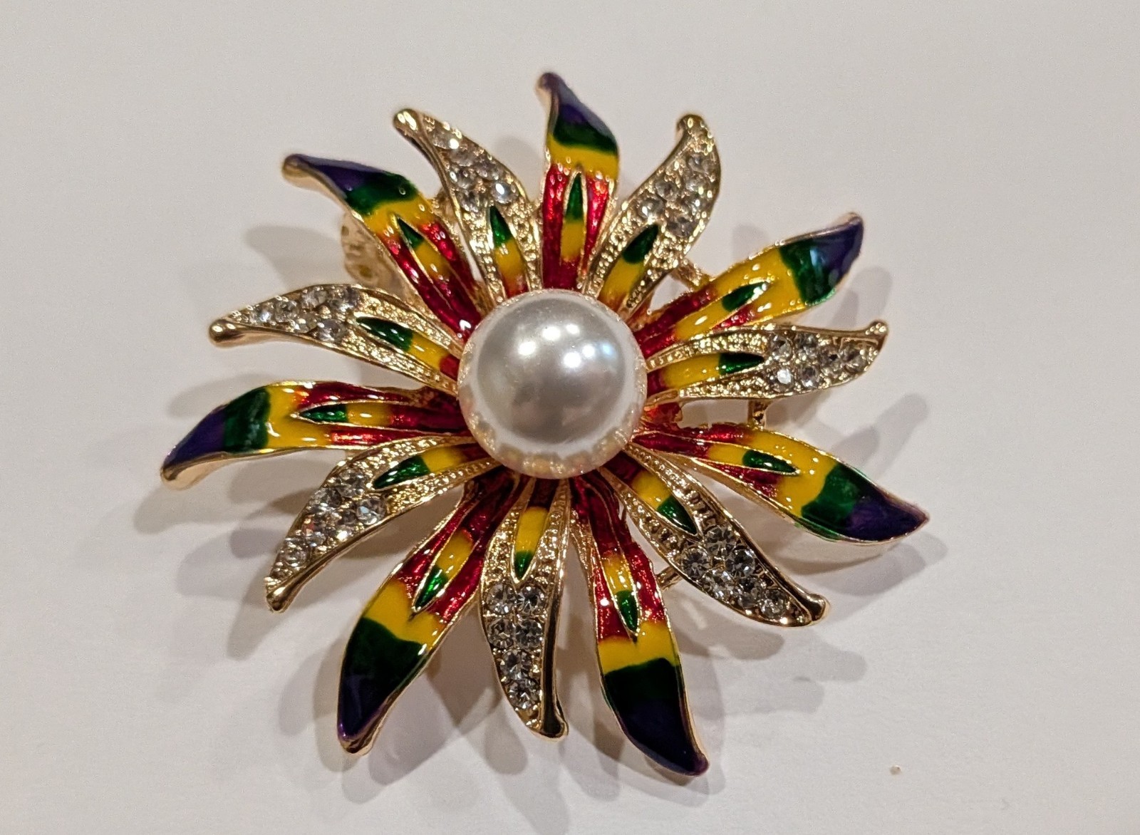 Rainbow Brooch Rhinestone Faux Pearl Gold Tone Vintage Style 2″