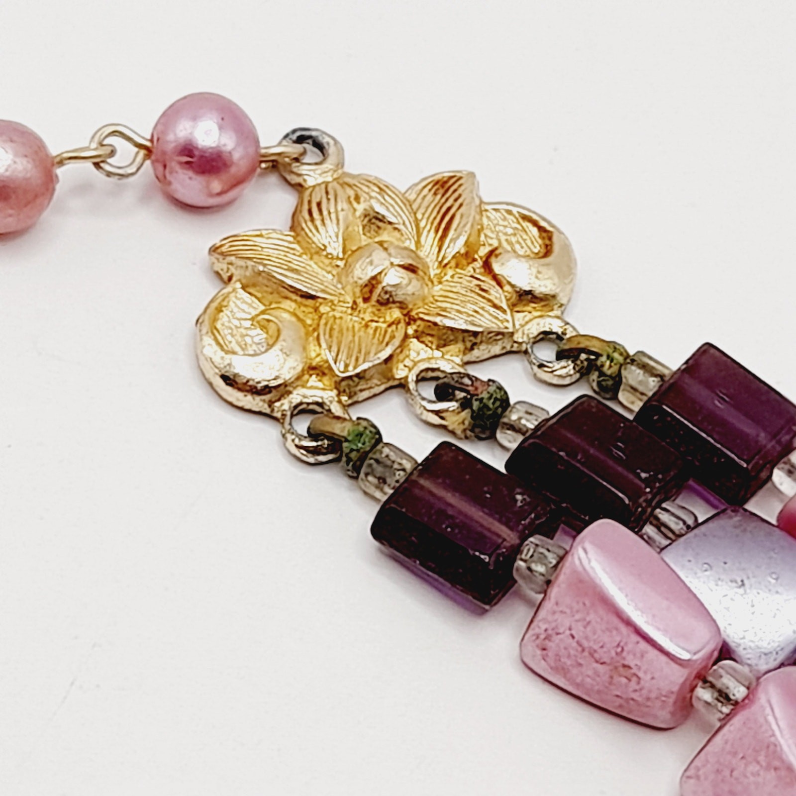 Vintage Japan 1950s Pink Lavender Pearl Finish 3 Strand Necklace 17”