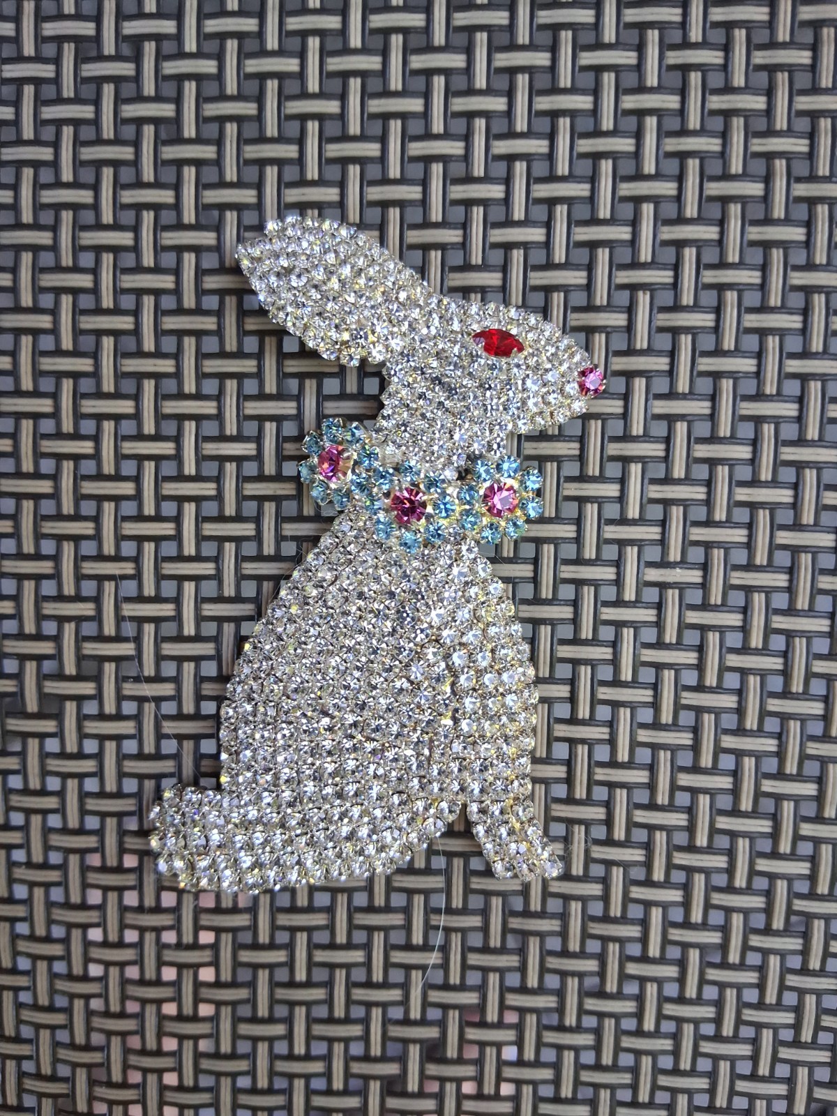 Beautiful Huge Rhinestone Bunny Brooch with Beaded Decorative Bag Vintage