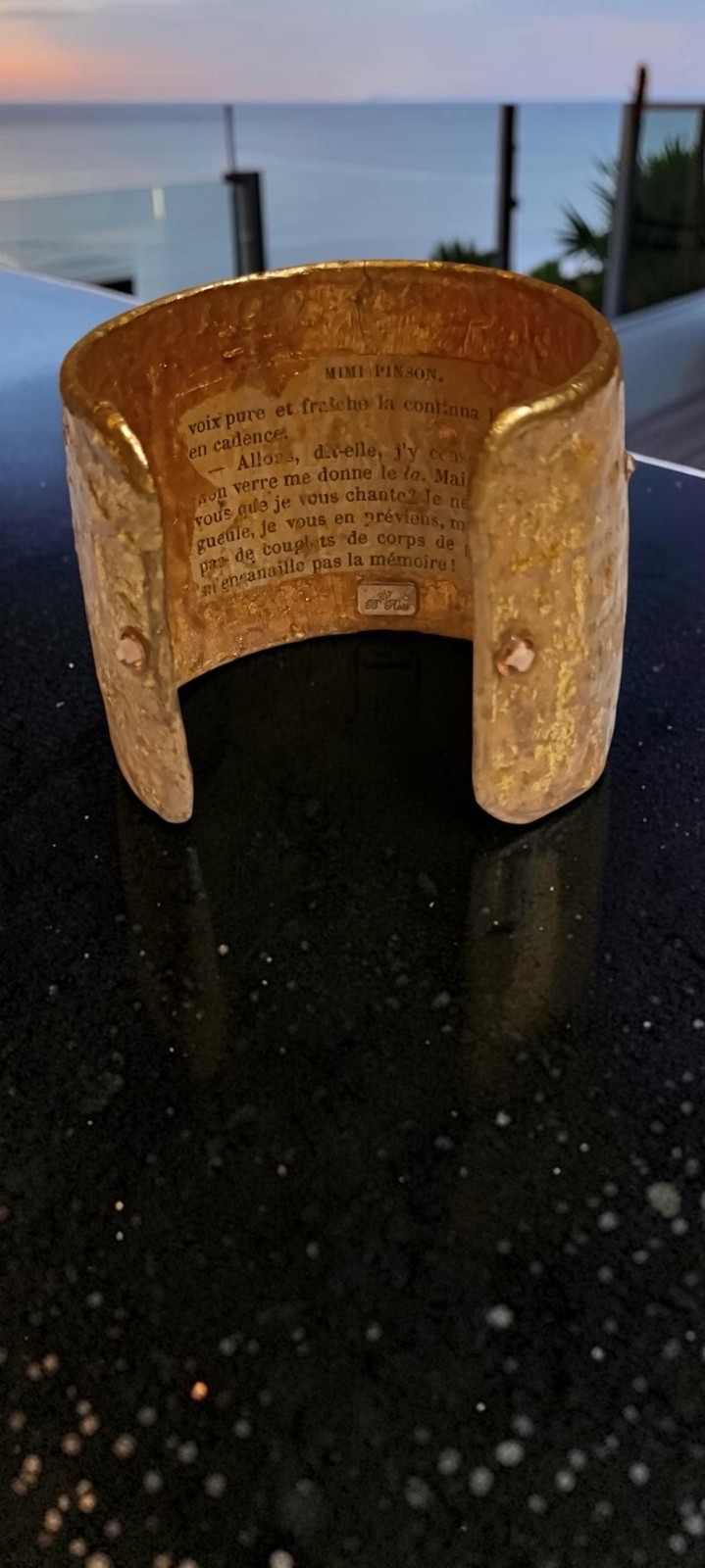 Rare Brigitte Ross Gold Hammered Literary Cuff Bracelet Alfred De Musset French