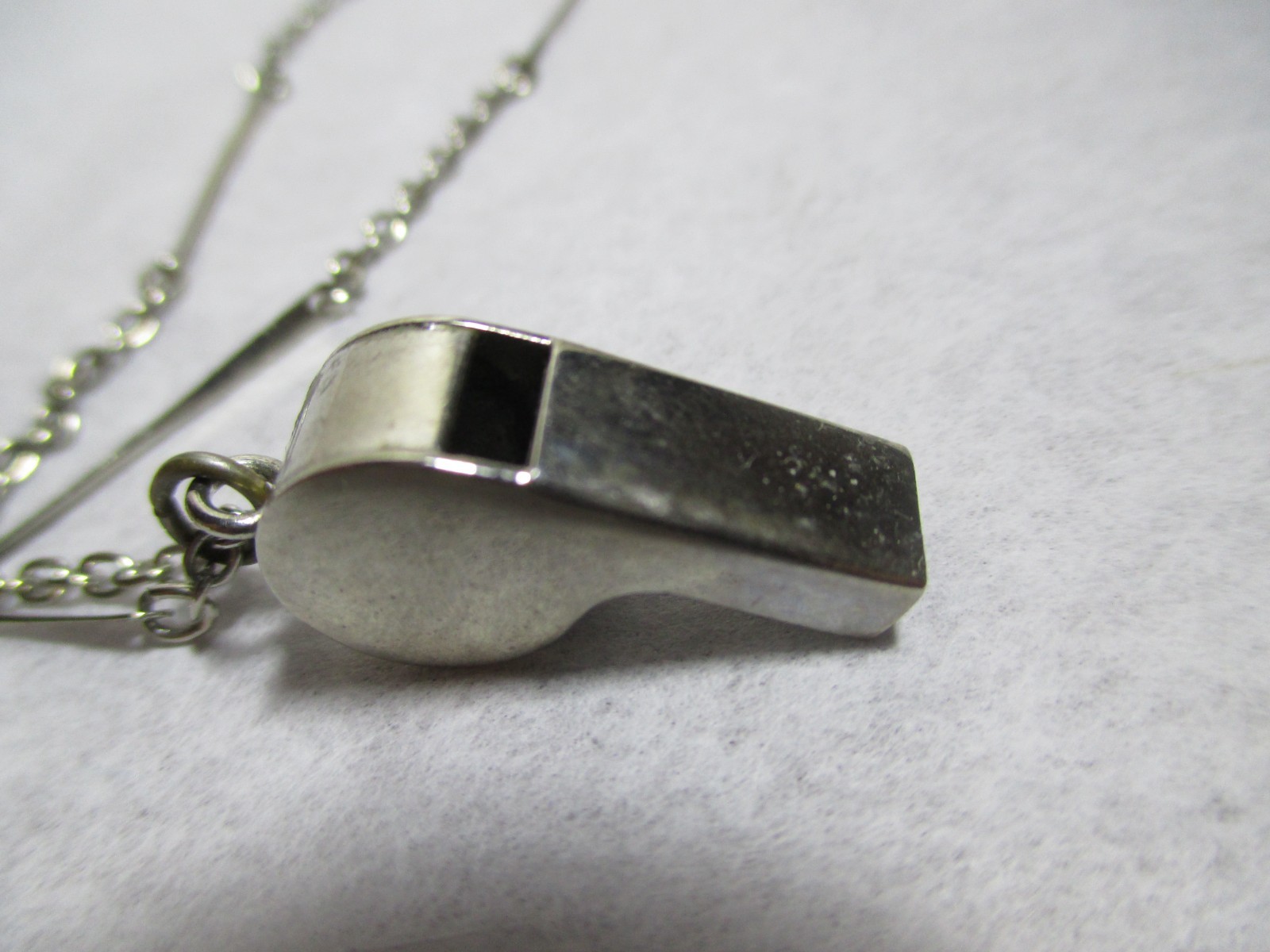 Vintage Hong Kong Silver Metal Mini Whistle Pendant Fancy Link Chain Necklace