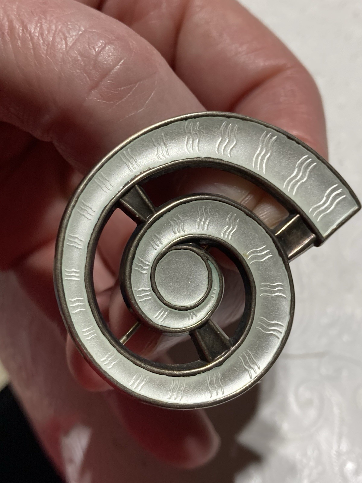 J Tostrup Sterling Guilloche Bright White Enamel Modernist Spiral Brooch/Pin VTG