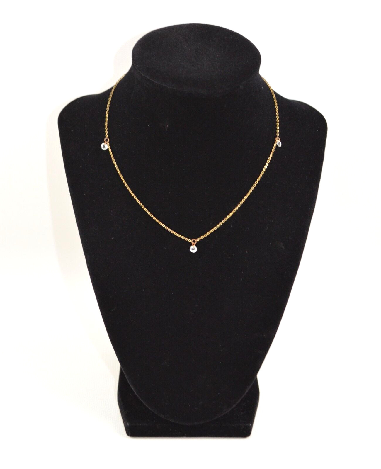 Gold Tone Necklace w/ Small Widely Spaced Clear Glass Faceted Beads 17.5″