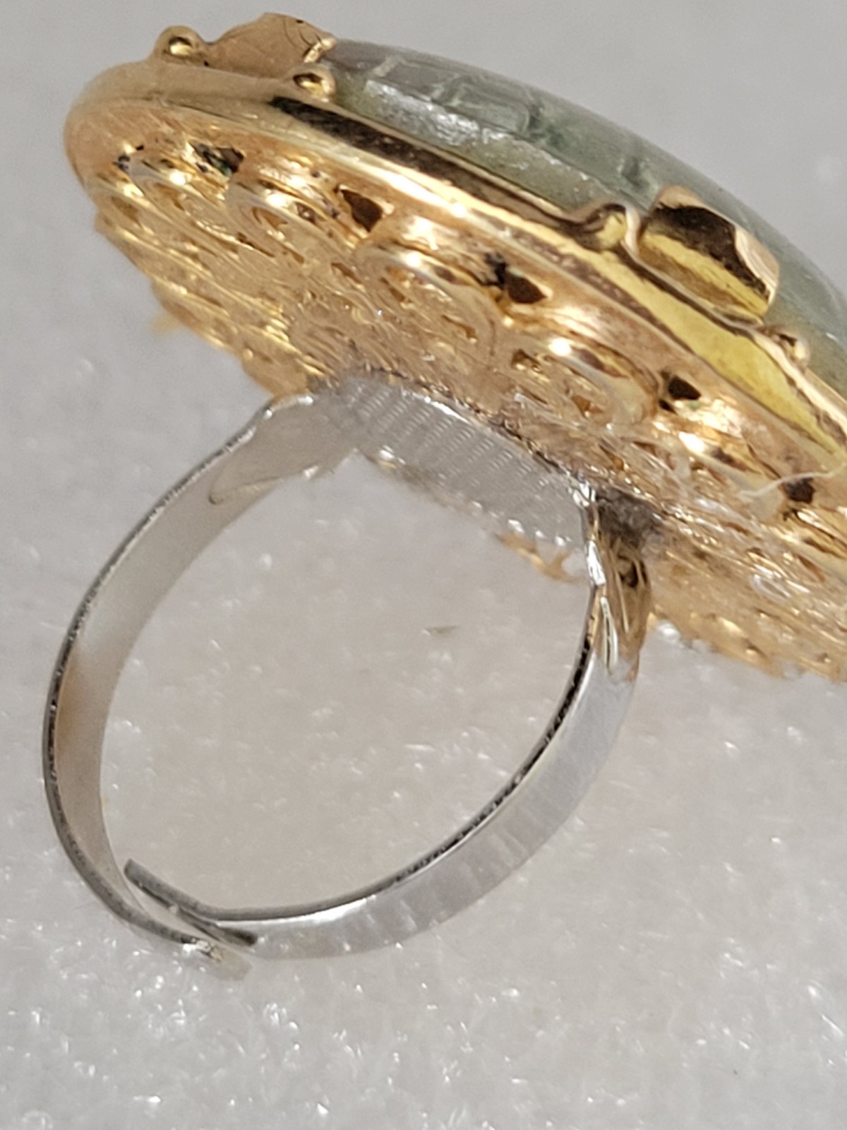 Victorian Bohemian Upcycled Carved Shell Fan Gold Tone Ring Statement Ring