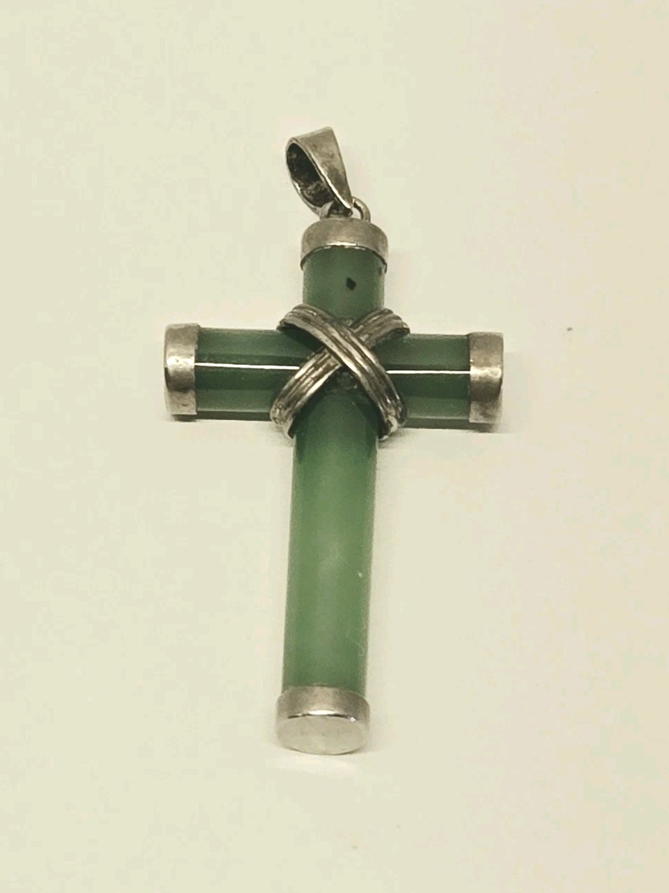 Vintage Natural Jade Cross Pendant Crucifix Marked Silver