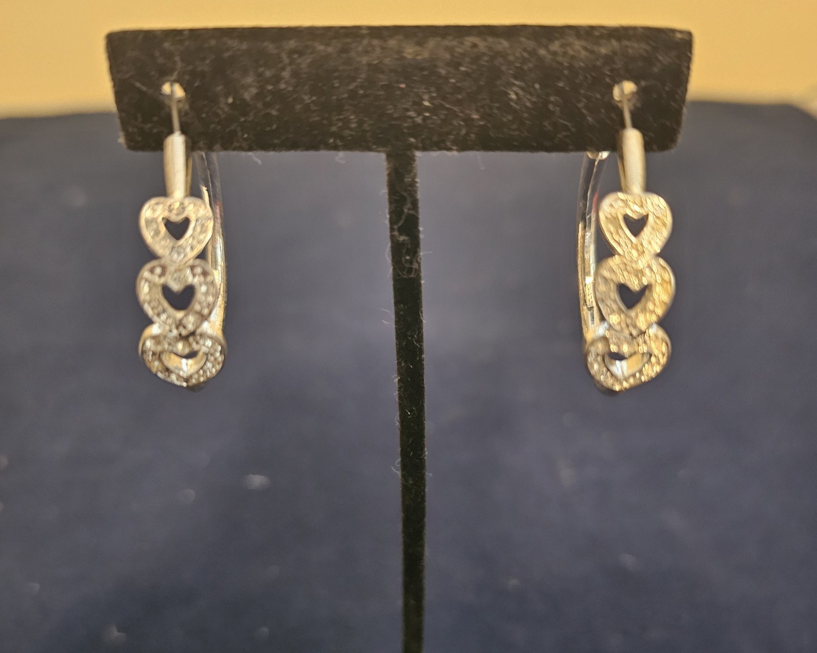 Silvertone Triple Heart Hoop Rhinestone Earrings Pierced Signed N A