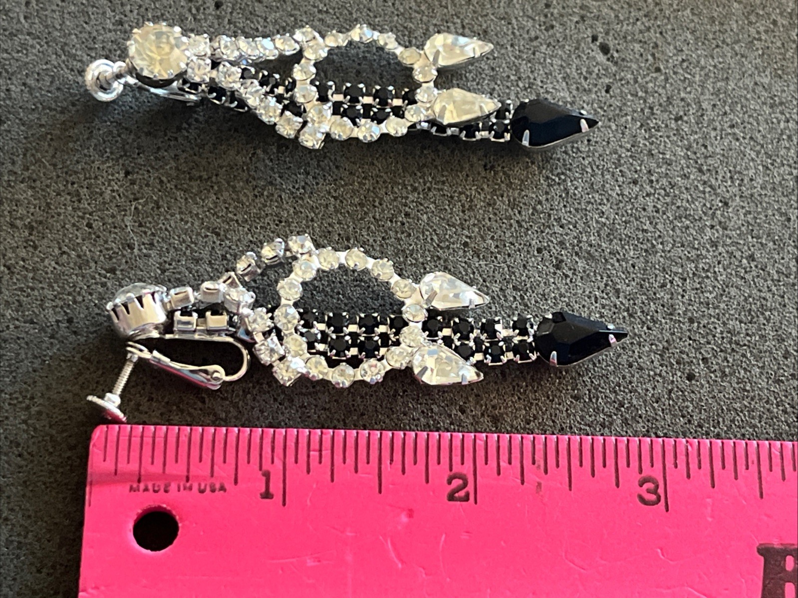 Vintage Signed HOBE Dangle Clear & Black Rhinestone Earrings Costume Jewelry
