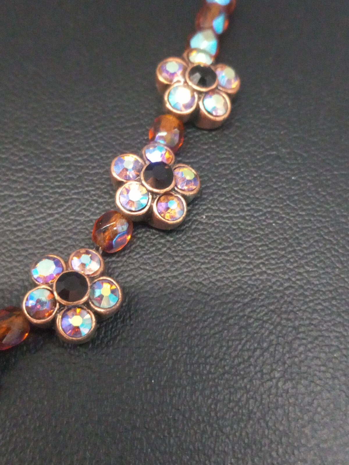 1928 Brand Coppertone AB Rhinestones Flower Design Necklace
