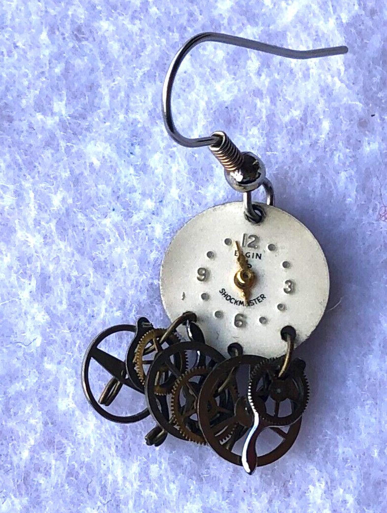 Vtg ELGIN Thin Shockmaster White Dial Dangle Earrings Watch Clock Unique Handmad