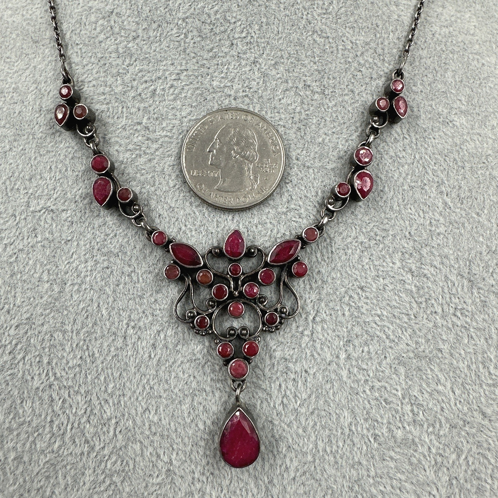 SLG Sterling Silver Necklace Natural Ruby Cluster Y Pendant 3″ Drop 18.5″ 21.60g