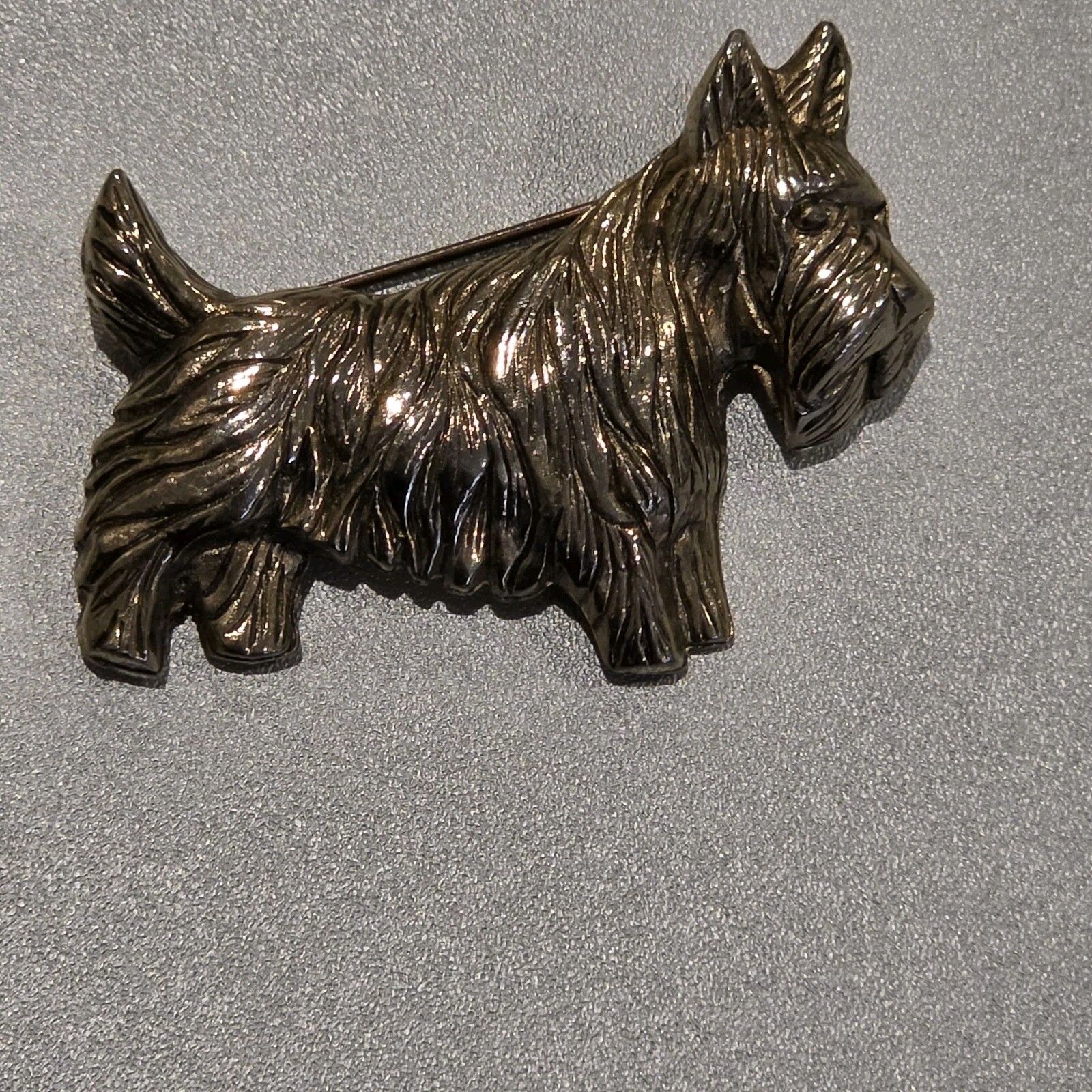 Mid Century Gold Tone Metal Dog Brooch Pin Detailed Shaggy Fur Figural