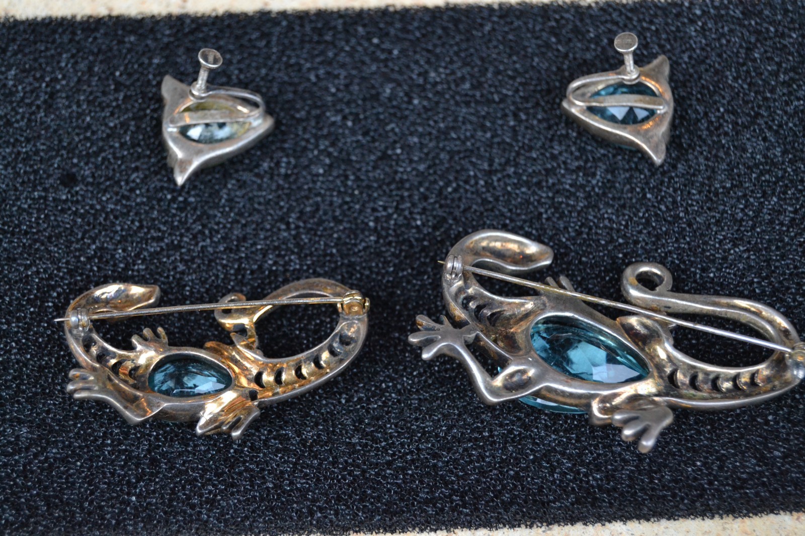 REJA Sterling SALAMANDER LIZARD Brooch Earrings AQUA GLASS BELLY Vtg Set Signed