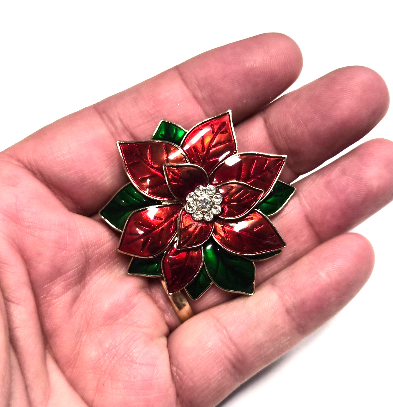 Vintage 90’s Festive Christmas Rhinestone Poinsettia Flower Pin / Brooch