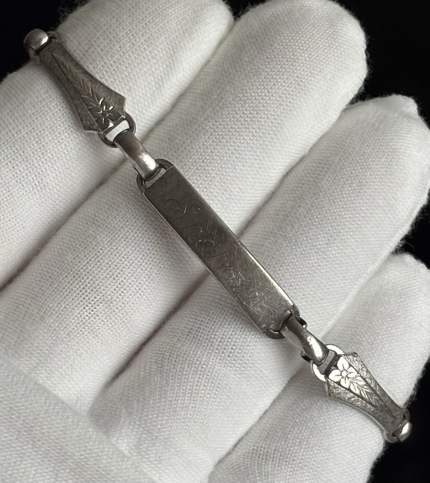 LA MODE Sterling Silver ID Bracelet 7” Floral Vintage Etched SHAROIN 13.58 Grams