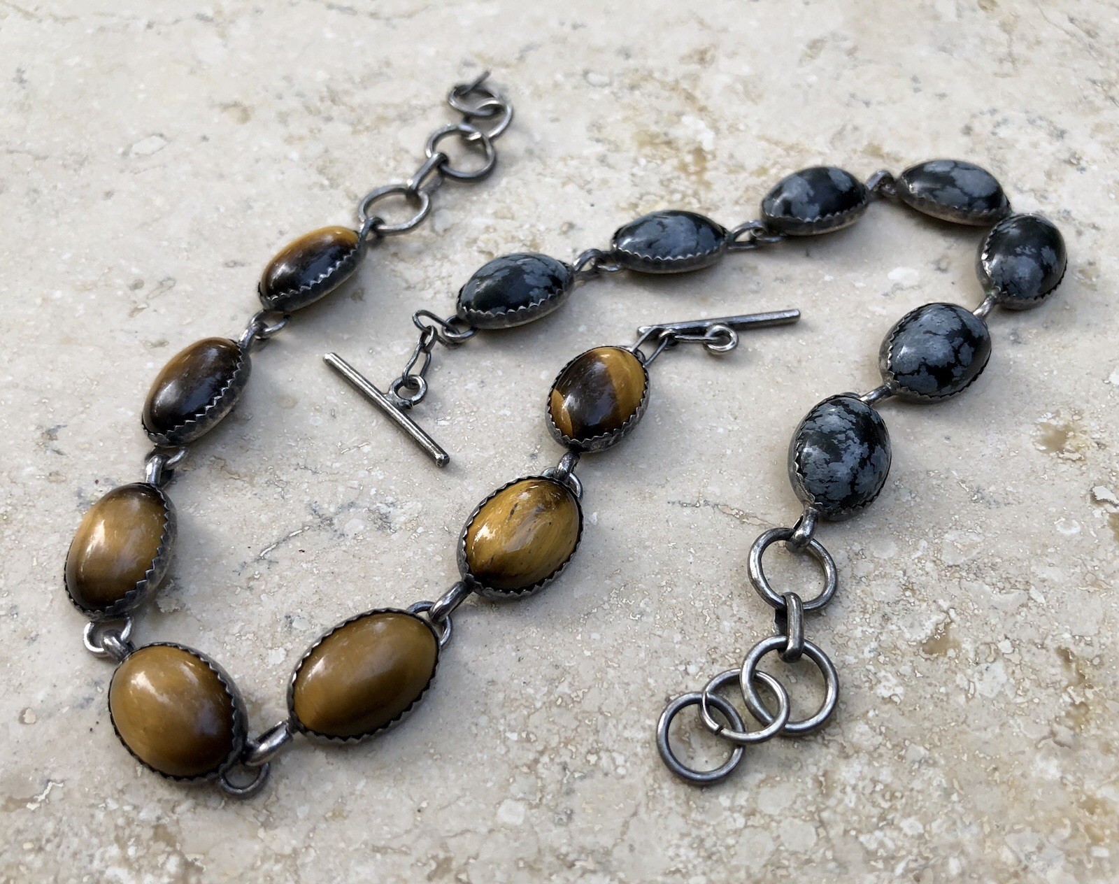🐯🖤 ✨VINTAGE STERLING SILVER TIGER’S EYE OBSIDIAN Toggle Bracelet Set LOT ✨🖤🐯