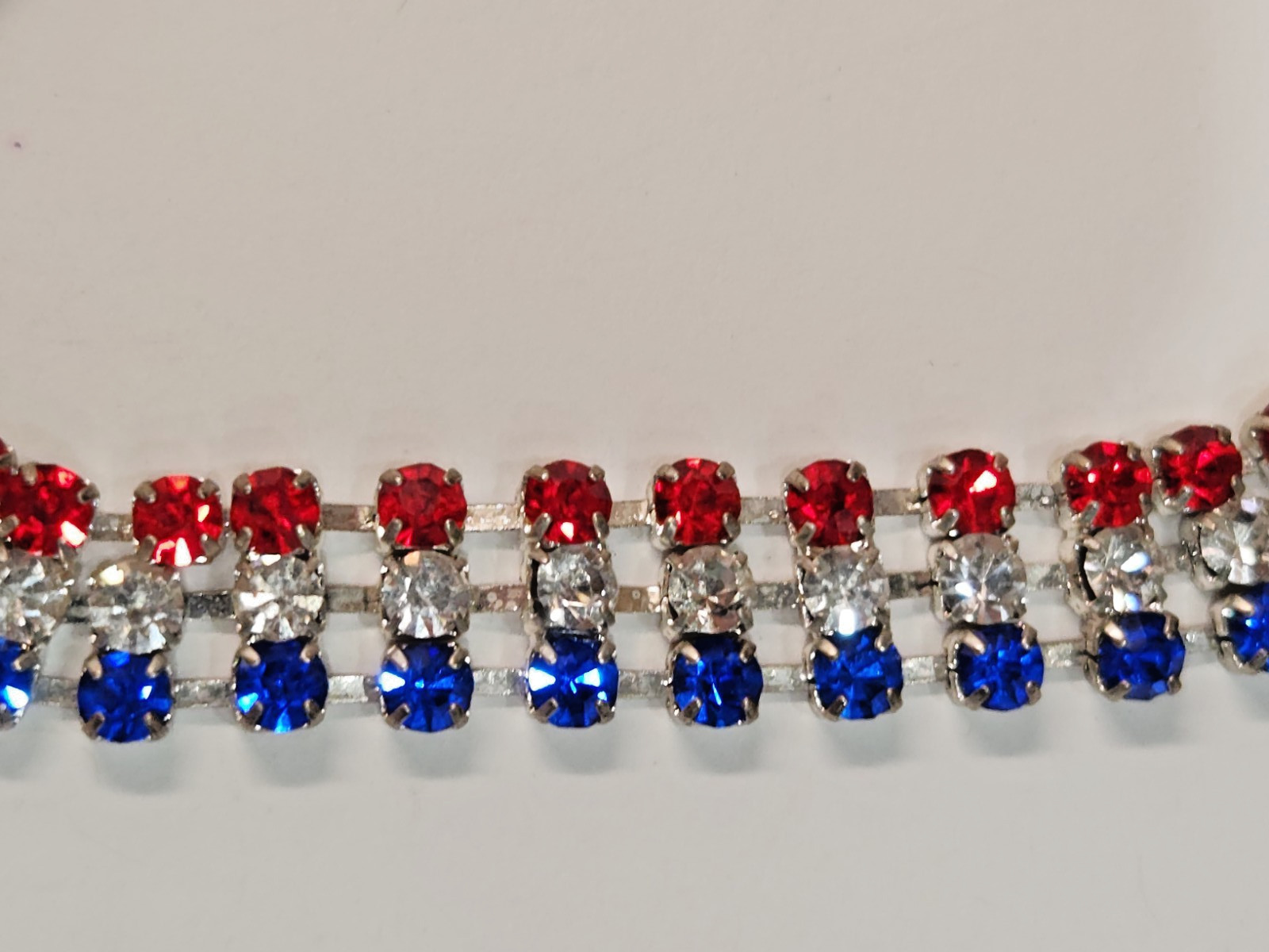 Vntg Red White Blue Prong Set Rhinestone Tennis Bracelet Patriotic 4th of July