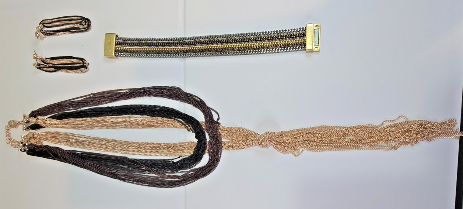 Black Gold Tone Multi Strand Tassel Necklace Bracelet Hoop Earrings Jewelry Set