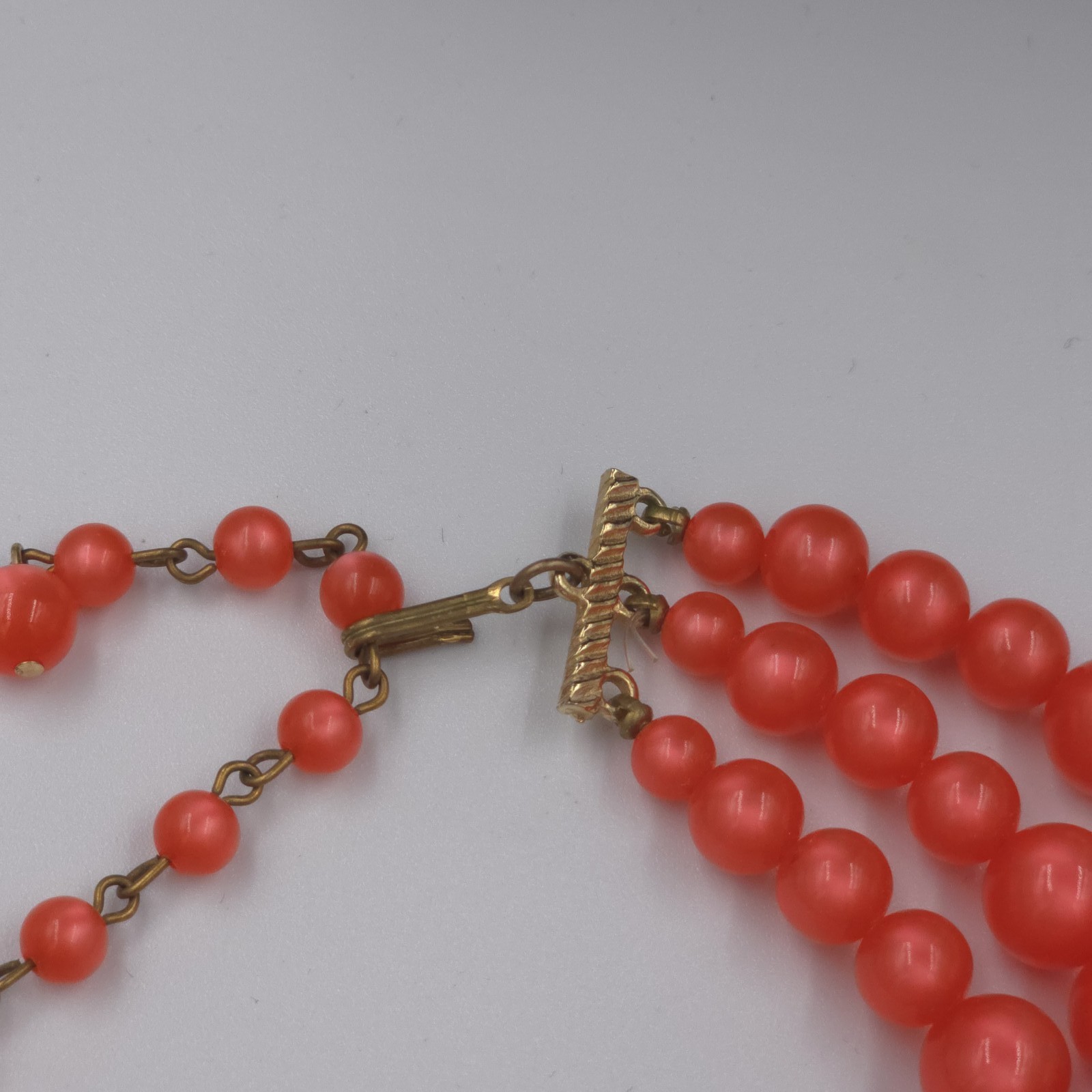 Vintage Triple Strand Necklace Bright Orange Moonglow Beaded Chunky Statement