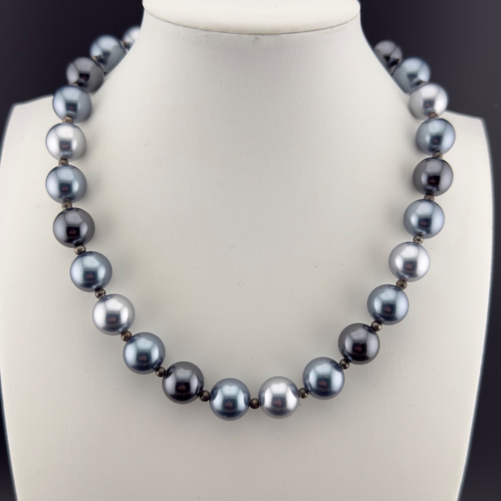 Gray Glass Bead Faux Pearl Necklace Large Luster Chunky 15 inch